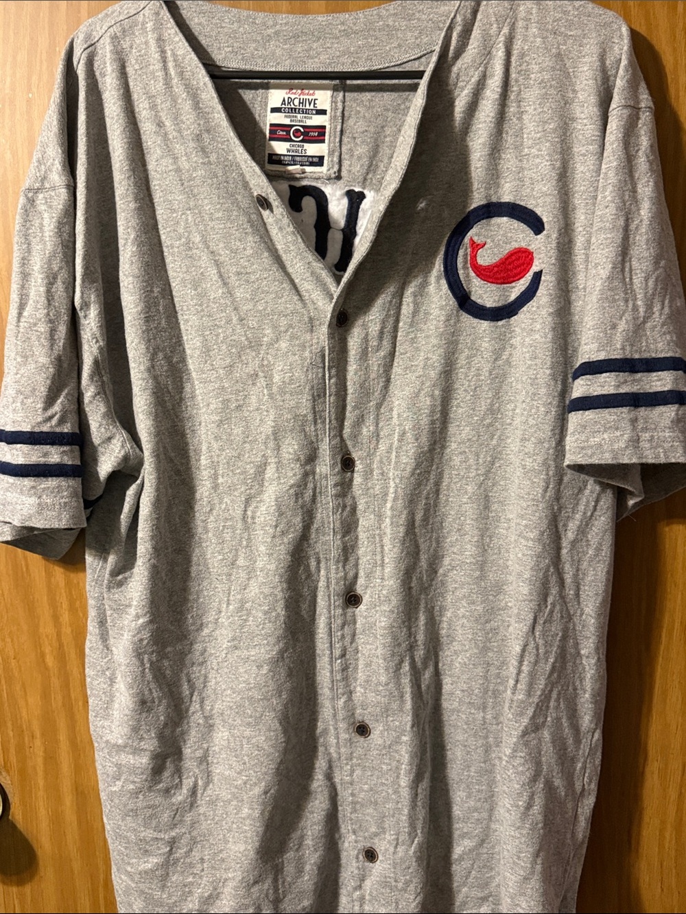 Gray Mens XL Chicago Wales Button Baseball Shirt with Navy & Red Accent